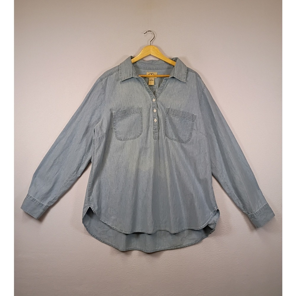 Coastal Blue Mountain‎ Womens 1X Light Blue Cotton Chambray Henley Tunic Shirt